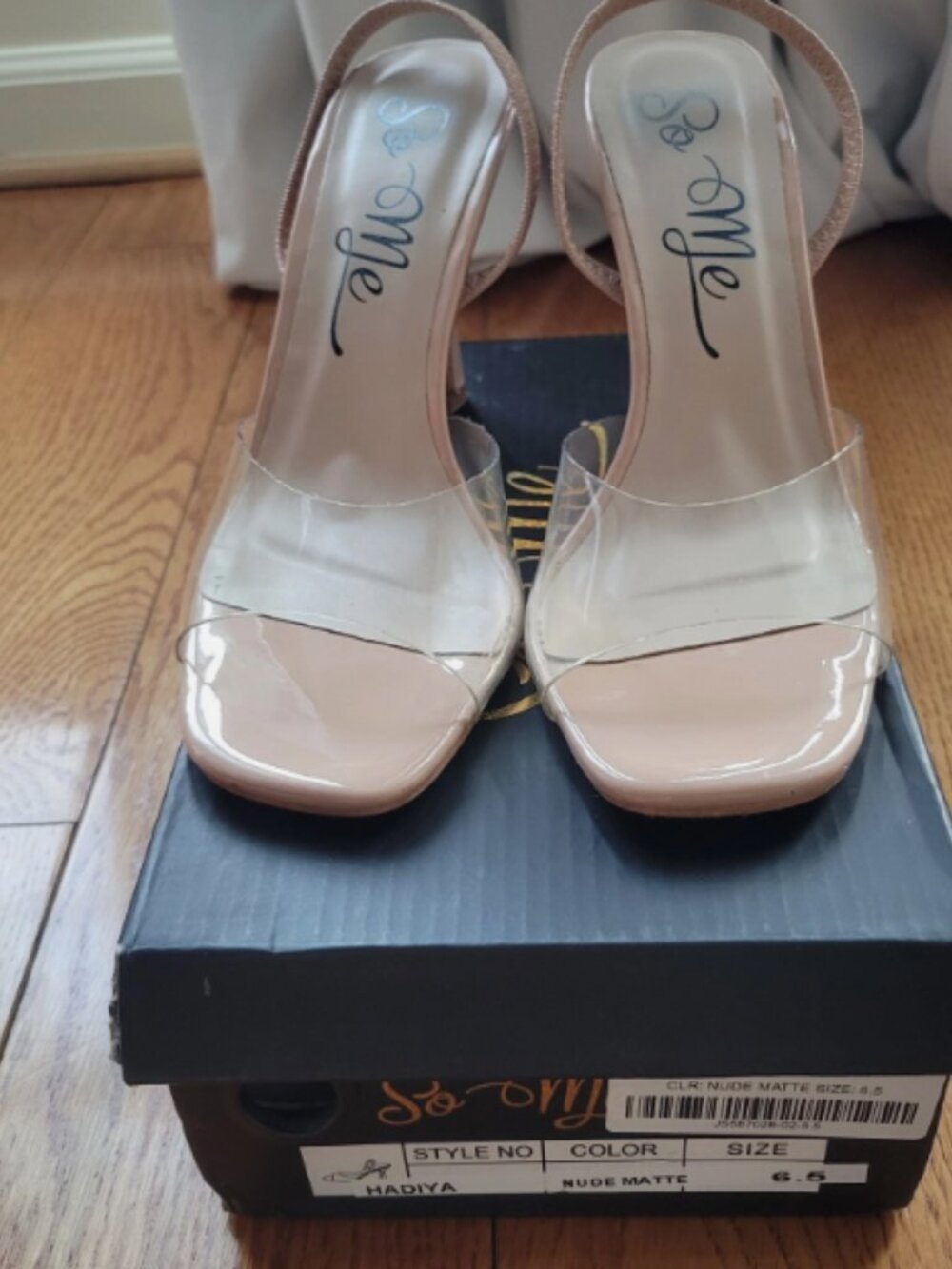 So Me Womens Sandals Size 7 Beige Clear Strap Heels Nude Open Toe Sling back - Picture 2 of 6